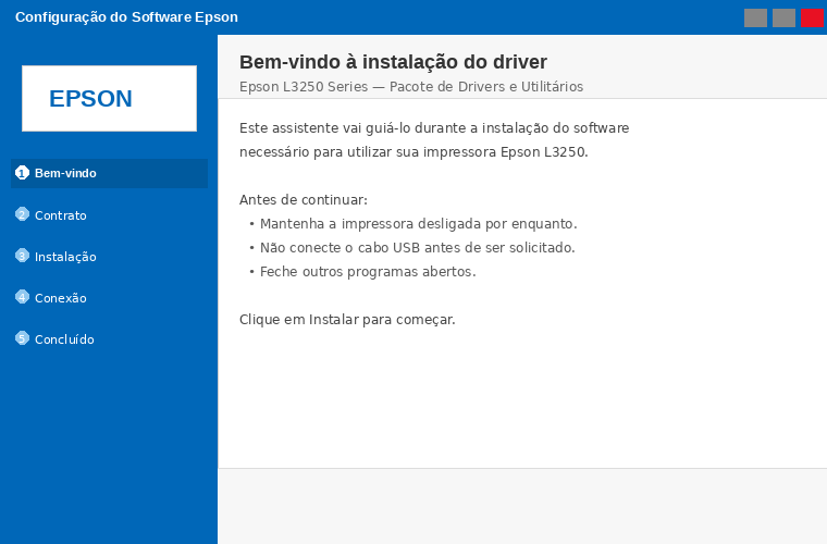 Tela do instalador do driver Epson L3250 no Windows