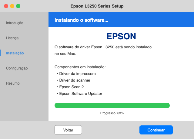 Tela do instalador do driver Epson L3250 no macOS
